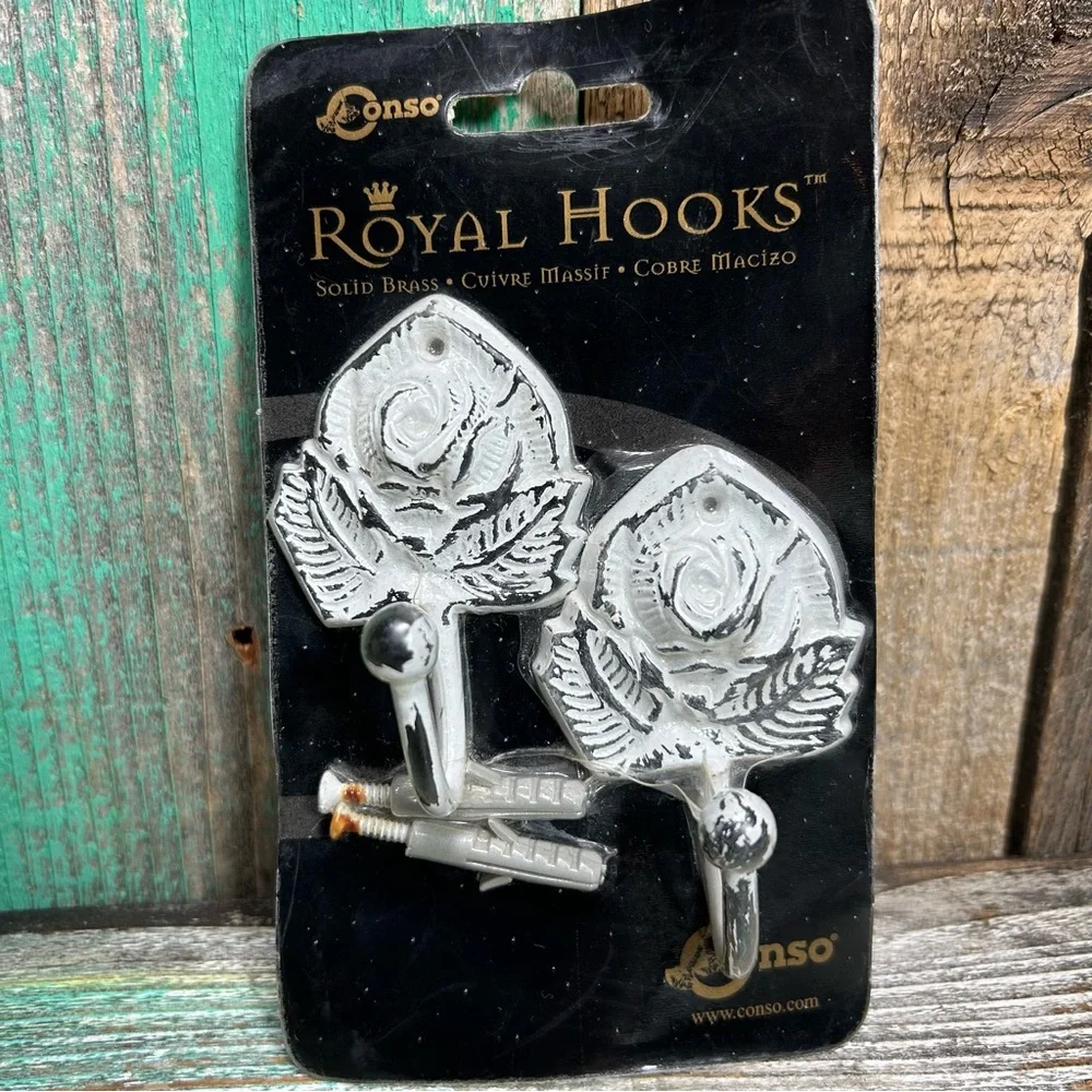 NEW (NOS) In Package WALL HOOKS Solid Brass Rose-Shaped Vintage Distressed